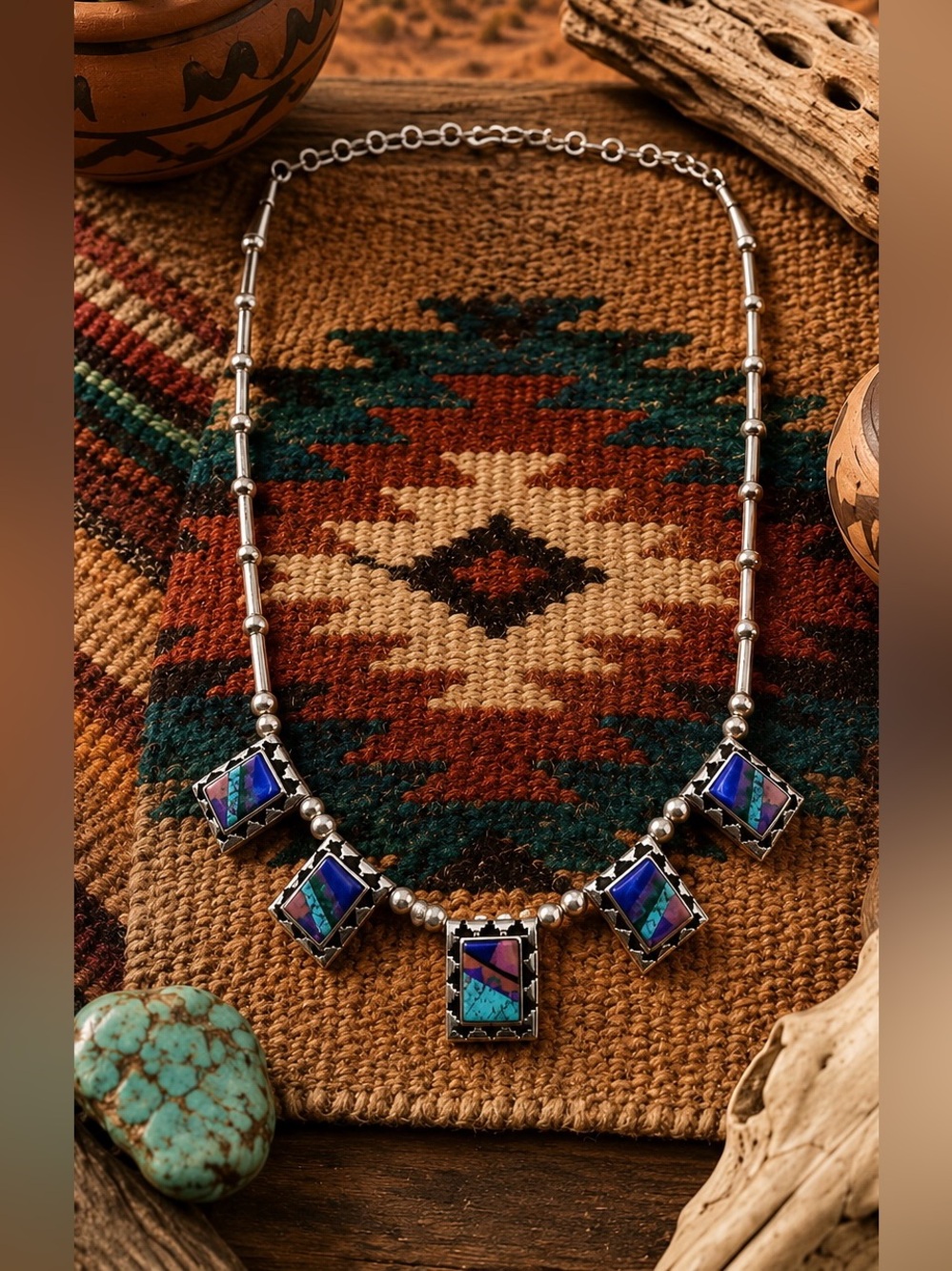 Navajo Native American Sterling Silver Turquoise Multi Stone Inlay Bib Necklace - Picture 2 of 10